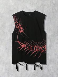 ROMWE MEN Street Life Men's Fashion Animal Print Contrast Color Tassel Hem Tank Top - Black - View 1