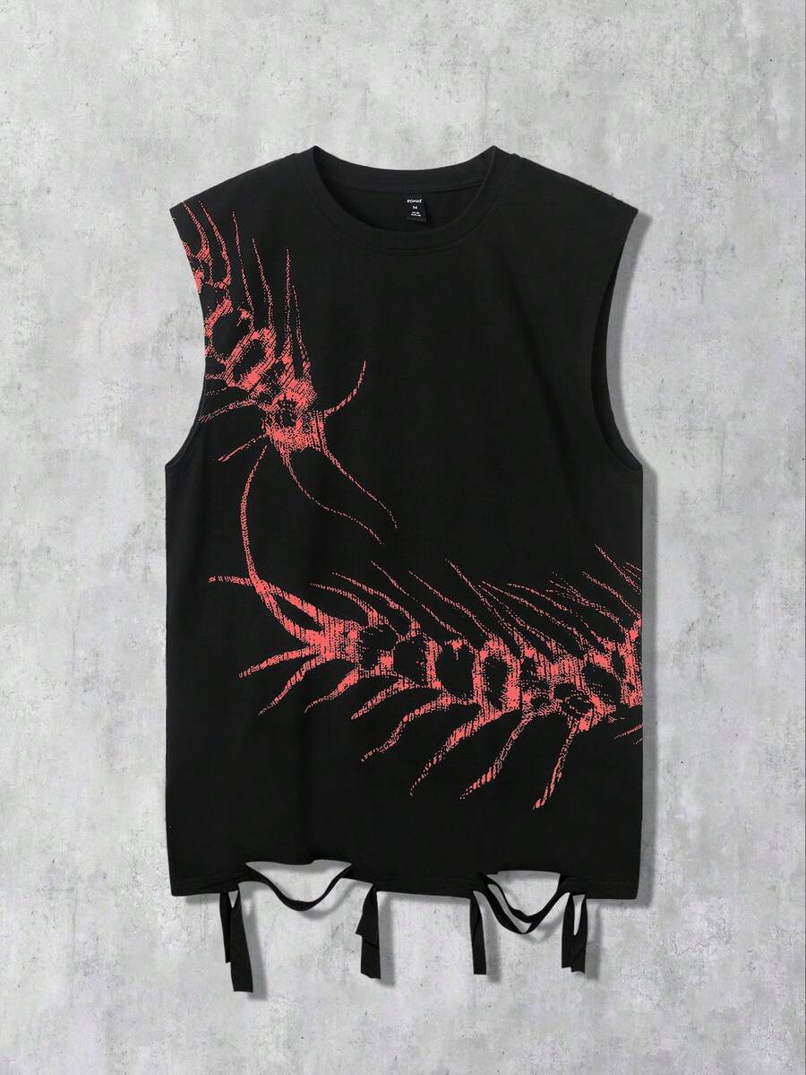 ROMWE MEN Street Life Men's Fashion Animal Print Contrast Color Tassel Hem Tank Top - Black - View 1