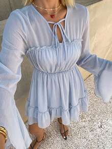 DAZY V-Neck Ruffle Semi-Sheer Long Sleeve Short Dress Summer Outfit Women's Nightgown Pajamas - Blue - View 3