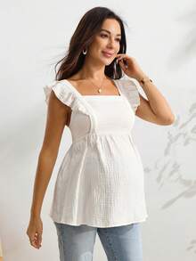 SHEIN 100% Cotton Maternity White Square Neck Flutter Sleeve Top - White - View 5