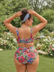 Swim Mod 2026 New Spring/Summer Plus Size 2-Piece Bikini Set Set With Large Scoop Neck And Random Tropical Floral Print, Suitable For Beach And Vacation Wear - Multicolor - View 2