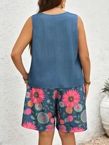 EMERY ROSE Conjunto de 2 piezas de top de tirantes casual y shorts estampados para mujer de talla grande - Multicolor - Ver 3