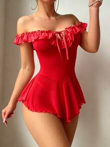 SHEIN Sexy Mesh Off-Shoulder Ruffle Deep V-Neck Tie-Up Dress 2-Piece Set - Red - View 5