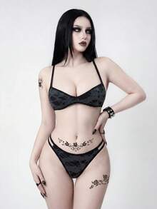 ROMWE Goth 女款時尚性感鏤空比基尼泳衣套裝 - 深灰色 - 查看 3