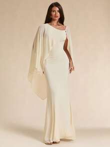 SHEIN BAE Fall Solid Cream White Asymmetric One-Shoulder Elegant Long Mesh Dress For Women Wedding Dinner Cocktail Bar Party Formal Garden Party - Apricot - View 6