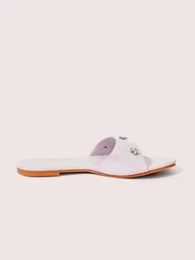 CUCCOO DOLLMOD Sandalias planas cómodas de color púrpura claro para mujer, sandalias planas de estilo dulce con flor pequeña de metal y strass - Morado claro - Ver 5