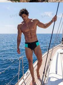 Manfinity Swimmode Celana Renang Pria Ukuran Besar Musim Semi/Panas Terbaru 2026 Motif Blok Warna Nyaman Kasual Tropis Liburan Pantai Segitiga Liburan Renang Hitam - MultiWarna - View 5