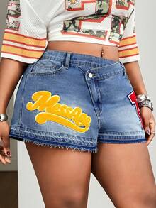Slaydiva Shorts de mezclilla azul sin estiramiento con cintura asimétrica y ajuste ceñido para mujer de talla grande, atuendos de verano para festival - Lavado ligero - Ver 5