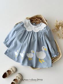 Cozy Pixies Baby Girl Contrast Color Ruffle Collar Embroidered Cartoon Pattern Long Sleeve Dress Versatile Comfortable - Blue - View 7