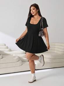 Solflare Plus Size Summer Casual Solid Color Short Sleeve Romper - Black - View 6