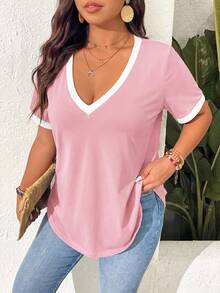 SHEIN Frenchy Plus Size Versatile Fashion Textured Colorblock Short Sleeve T-Shirt For Daily Wear Formal Vacation Pink Summer Casual - Pink - View 2