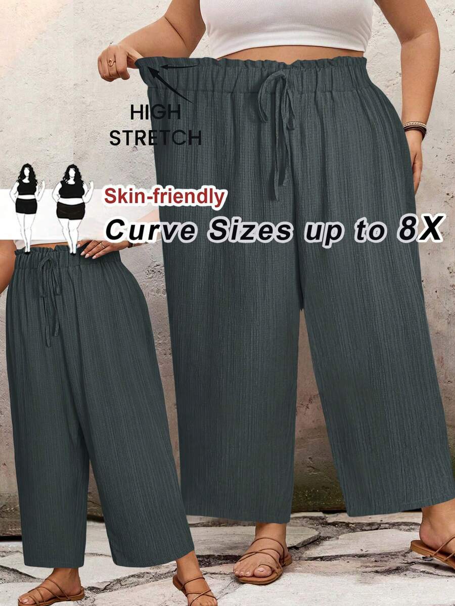 SHEIN CURVE+ 大尺碼休閒純色寬鬆長褲 夏季/鄉村/海邊度假穿搭/海邊穿搭/海邊服飾 - 深灰色 - 查看 1