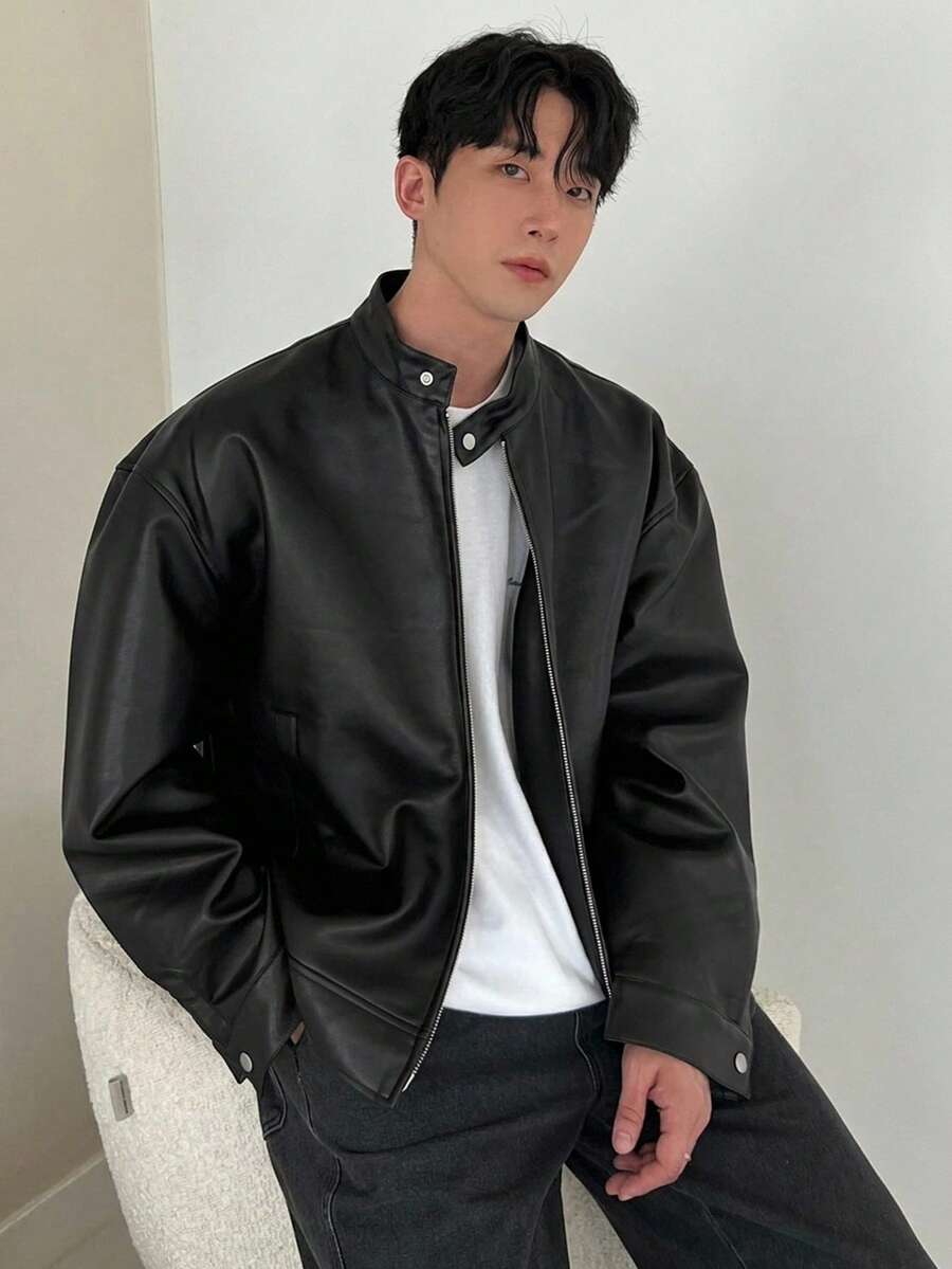 DAZY 秋季純黑色PU小立領男士夾克外套 - 黑色 - 查看 1