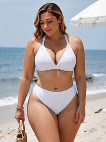Swim Lushoire Plus Size Solid Color Backless Halter Neck Swimsuit Top - White - View 6