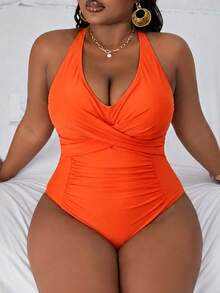 Slaydiva Plus Size Women's Solid Color Ruched Halter One-Piece Swimsuit, Suitable For Beach Vacation, Pool Party, Beach Party - Burnt Orange - View 6