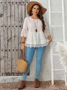 EMERY ROSE Plus-Size Women's White Lace-Trimmed Embroidered Fabric Top With A Textured Feel, Fashionable And Retro Summer Outfit, Perfect For Beach Vacations, - White - View 5