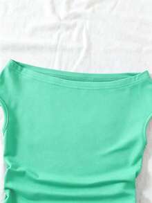 SHEIN Camiseta sencilla con hombros descubiertos para niñas preadolescentes en primavera y verano - Verde - Ver 4