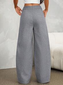 SHEIN PETITE 女款純色百褶口袋寬腿寬鬆休閒長褲 - 灰色 - 查看 2