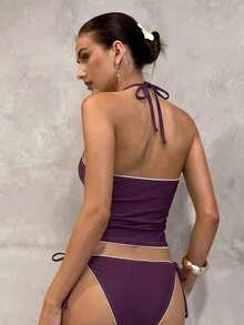 Swim Glamine Summer Sweet Tropical Floral Dark Purple Flower Plaid Tank Bikini Set Casual Sexy Spring Vacation Beach Party 2 Pieces Set - Multicolor - View 8