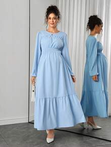 Momance Women's Long Sleeve Ruffle Hem Casual Maternity Elegant Solid Color Dress Photoshoot Dusty Blue Spring Fall - Blue - View 5