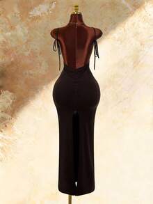Amplova Vestido maxi ajustado con escote cuadrado, tirantes finos, lazo, espalda descubierta, fruncido y abertura alta - Marrón - Ver 2
