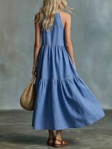 SHEIN Holidaya French Niche Halter Neck Stand Collar Single-Breasted Solid Dusty Blue Dress For Women, Lazy Loose Fit Tummy-Covering Korean Casual Beach - Blue - View 2