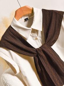 Story & Sage Women's Shawl Design Short Sleeve Top And Shorts Casual Daily Set - Coffee Brown - View 5