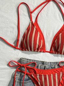 Swim Mod 女款兩件式比基尼泳衣套裝，2合1，細肩帶，特殊布料拼接，純色綁帶，休閒舒適度假泳裝 - 彩色 - 查看 5