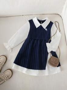 SHEIN Young Girl Knight Embroidery Contrast Color Lapel Long Sleeve Casual Dress - Multicolor - View 4