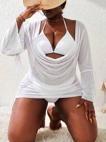 Slaydiva Plus Size 4-Piece Bikini Swimsuit With Cover-Up - White - View 4