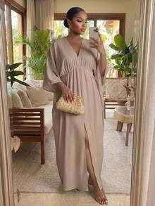 SHEIN Lady CURVE 大尺碼純色蝙蝠袖休閒度假洋裝 - 卡其色 - 查看 1