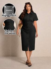 Elaquor Plus Size Women's Short Sleeve Single-Breasted Casual Denim Dress - Black - View 2