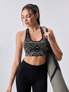 Loungeista Women's Seamless High Elasticity Striped Racerback Sports Bra For Yoga, Outdoor, Running - Black - View 1