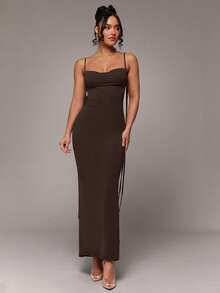 Silquee Women's Solid Color Fashion Sexy Ruched Slim Fit Spaghetti Strap Dress Golf Pastal - Brown - View 2