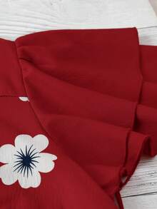 EMERY ROSE 女款花卉印花V領荷葉邊短袖上衣 紅色花卉 夏季優雅度假風 - 紅色 - 查看 4