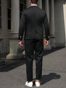 Manfinity Mode 男士雙排扣西裝外套與長褲兩件套，商務宴會正式西裝 - 黑色 - 查看 2