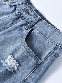 Rivivi Women's High Waist Pocketed Distressed Frayed Hem Casual Denim Shorts - Blue - View 3