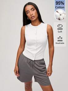 SHEIN BASICS 女款純色時尚單排扣休閒背心，適合日常穿著 - 白色 - 查看 6