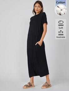 SHEIN BASICS 女款純色休閒基礎款派對日常居家度假旅行日間長洋裝，黑色，夏季 - 黑色 - 查看 4