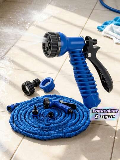 The Blue Telescopic Elastic Hose, Equipped With An Adjustable Nozzle, Is Suitable For Car Washing, Lawn Watering, Plant Care, And Pet Bathing. It Can Be Used All Year Round And Is Made Of Hose And Connector.