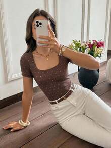 SHEIN Frenchy Women's Brown And White Polka Dot Contrast Color Pleated Basic Simple T-Shirt Everyday Summer Casual - Brown - View 3