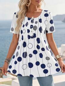 Faunlyn Women's Summer Polka Dot Pattern Print Round Neck Short-Sleeve Shirt - White - View 1