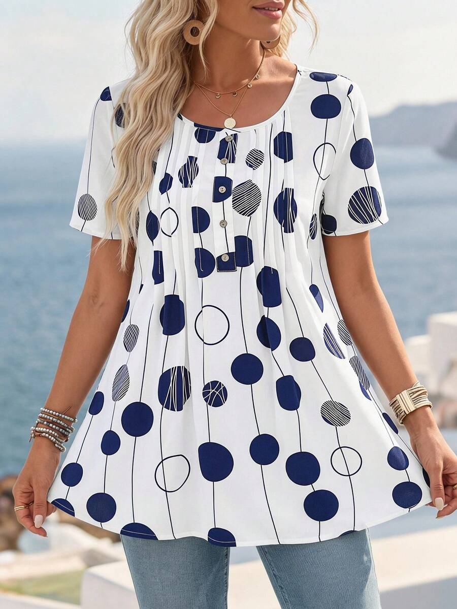 Faunlyn Women's Summer Polka Dot Pattern Print Round Neck Short-Sleeve Shirt - White - View 1