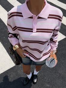 Muchica Women's Pink Striped Long-Sleeve Casual Sweater With Polo Collar , Autumn Winter - Pink - View 6