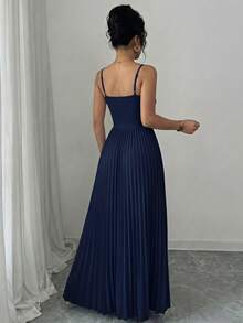 Vestido elegante y romántico para invitadas de boda, damas de honor y reuniones, con tirantes de espagueti, cintura plisada y fluido de gasa - Azul - Ver 5