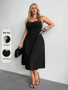 Auralis Summer Black Sleeveless A-Line Dress With Square Neck And Cinched Waist Midi Length With Pockets Sporty Drawstring Back Vacation Casual Formal - Black - View 5
