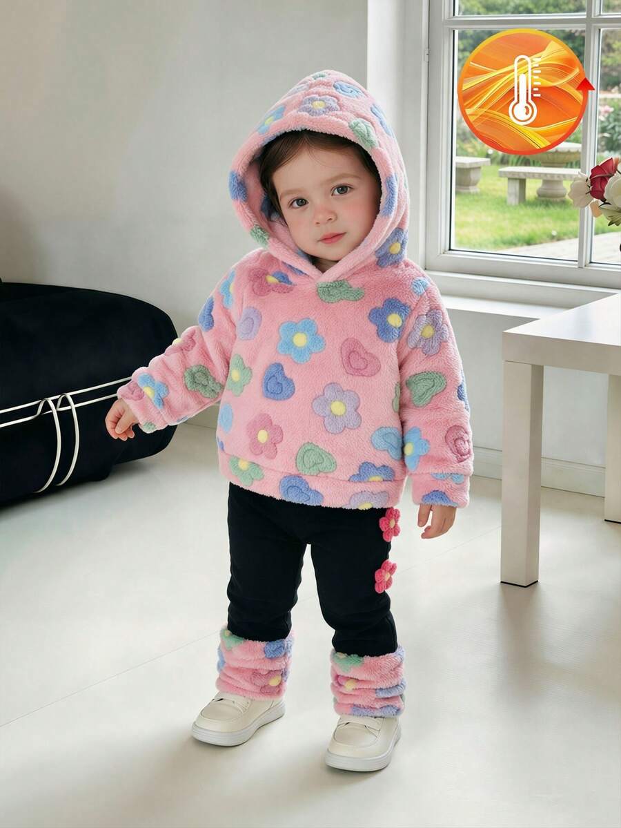 SHEIN Playful Pals 2件組女嬰冬季新款粉色花卉毛絨長袖連帽衛衣 3D花朵裝飾修身長褲 毛茸茸袖口 牛仔女孩運動套裝