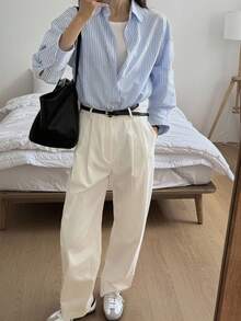 DAZY Fashionable Minimalist Versatile Long Sleeve Striped Shirt,Fall Women Clothes - Baby Blue - View 4
