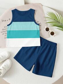 Young Boy Casual Simple Short Sleeve 2-Piece Set Suitable For Spring And Summer, Classic Summer Beach Vacation Striped Pattern Print, Classic Beach Surfboard, Coconut Tree Pattern Print, Suitable For Vacation - Multicolor - View 3