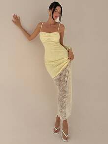 Glamine Women's Lace Patchwork Backless Spaghetti Strap Dress Vacation Light Yellow Summer Elegant - Butter Yellow - View 6